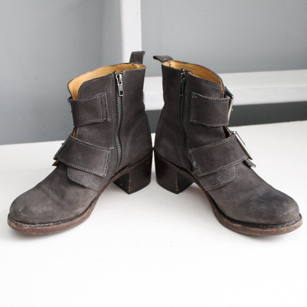 FRYE Women's Sabrina Double Buckle Suede Heel Boot Charcoal Brown USA Size 7 - Picture 5 of 8
